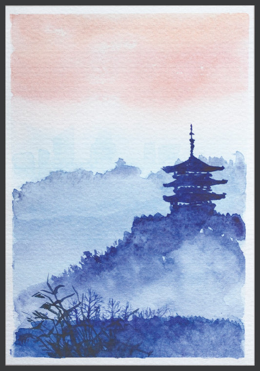  Akvarel japansk tempel skov plakat